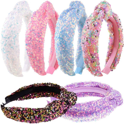 Tihebax Stirnbänder für Frauen und Mädchen, 6er-Pack mit Glitzer, Pailletten und Knoten – Haarbänder in Pink, Blau, Lila, Schwarz, Weiß für Schule und Alltag
