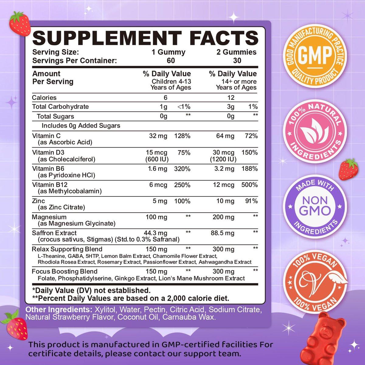 Safran Gummis für Kinder & Erwachsene, 20-in-1 Safran Ergänzung mit 88,5 mg Safran Extrakt, B6, B12, C, D3, Magnesium für Ruhe, Fokus, Nerven, Zuckerfrei, Vegan, Nicht-GVO - Erdbeergeschmack, 60 Stück