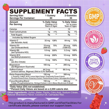 Safran Gummis für Kinder & Erwachsene, 20-in-1 Safran Ergänzung mit 88,5 mg Safran Extrakt, B6, B12, C, D3, Magnesium für Ruhe, Fokus, Nerven, Zuckerfrei, Vegan, Nicht-GVO - Erdbeergeschmack, 60 Stück