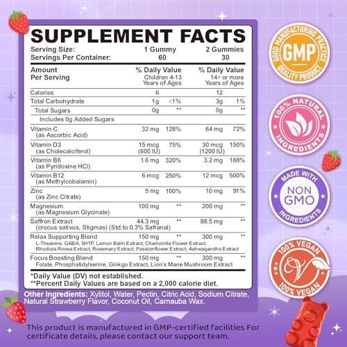 Safran Gummis für Kinder & Erwachsene, 20-in-1 Safran Ergänzung mit 88,5 mg Safran Extrakt, B6, B12, C, D3, Magnesium für Ruhe, Fokus, Nerven, Zuckerfrei, Vegan, Nicht-GVO - Erdbeergeschmack, 60 Stück