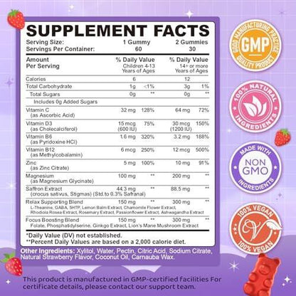 Safran Gummis für Kinder & Erwachsene, 20-in-1 Safran Ergänzung mit 88,5 mg Safran Extrakt, B6, B12, C, D3, Magnesium für Ruhe, Fokus, Nerven, Zuckerfrei, Vegan, Nicht-GVO - Erdbeergeschmack, 60 Stück