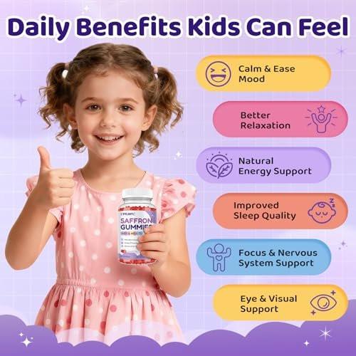 Safran Gummis für Kinder & Erwachsene, 20-in-1 Safran Ergänzung mit 88,5 mg Safran Extrakt, B6, B12, C, D3, Magnesium für Ruhe, Fokus, Nerven, Zuckerfrei, Vegan, Nicht-GVO - Erdbeergeschmack, 60 Stück