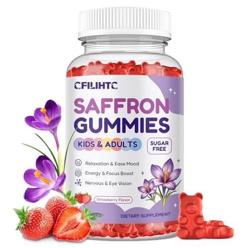 Safran Gummis für Kinder & Erwachsene, 20-in-1 Safran Ergänzung mit 88,5 mg Safran Extrakt, B6, B12, C, D3, Magnesium für Ruhe, Fokus, Nerven, Zuckerfrei, Vegan, Nicht-GVO - Erdbeergeschmack, 60 Stück