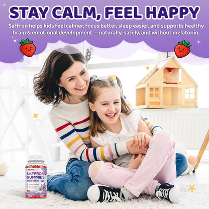 Safran Gummis für Kinder & Erwachsene, 20-in-1 Safran Ergänzung mit 88,5 mg Safran Extrakt, B6, B12, C, D3, Magnesium für Ruhe, Fokus, Nerven, Zuckerfrei, Vegan, Nicht-GVO - Erdbeergeschmack, 60 Stück