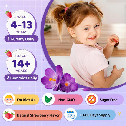Safran Gummis für Kinder & Erwachsene, 20-in-1 Safran Ergänzung mit 88,5 mg Safran Extrakt, B6, B12, C, D3, Magnesium für Ruhe, Fokus, Nerven, Zuckerfrei, Vegan, Nicht-GVO - Erdbeergeschmack, 60 Stück
