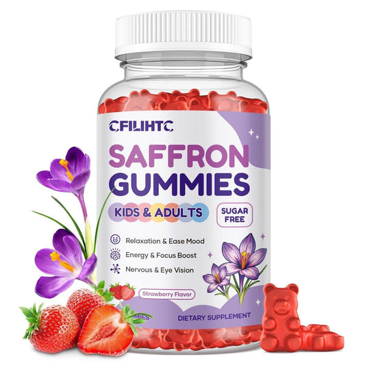 Safran Gummis für Kinder & Erwachsene, 20-in-1 Safran Ergänzung mit 88,5 mg Safran Extrakt, B6, B12, C, D3, Magnesium für Ruhe, Fokus, Nerven, Zuckerfrei, Vegan, Nicht-GVO - Erdbeergeschmack, 60 Stück