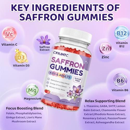 Safran Gummis für Kinder & Erwachsene, 20-in-1 Safran Ergänzung mit 88,5 mg Safran Extrakt, B6, B12, C, D3, Magnesium für Ruhe, Fokus, Nerven, Zuckerfrei, Vegan, Nicht-GVO - Erdbeergeschmack, 60 Stück