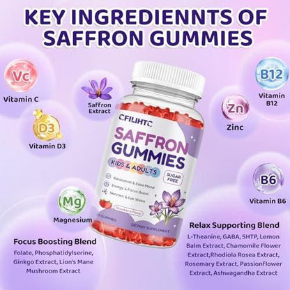 Safran Gummis für Kinder & Erwachsene, 20-in-1 Safran Ergänzung mit 88,5 mg Safran Extrakt, B6, B12, C, D3, Magnesium für Ruhe, Fokus, Nerven, Zuckerfrei, Vegan, Nicht-GVO - Erdbeergeschmack, 60 Stück