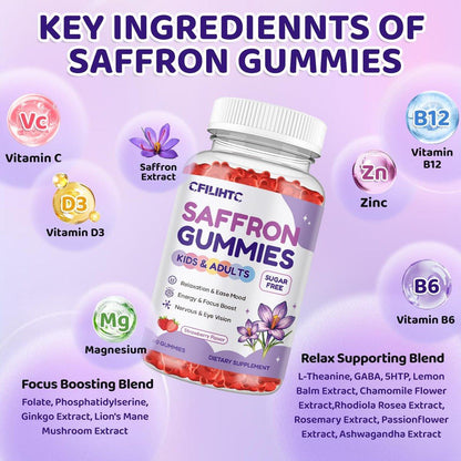 Safran Gummis für Kinder & Erwachsene, 20-in-1 Safran Ergänzung mit 88,5 mg Safran Extrakt, B6, B12, C, D3, Magnesium für Ruhe, Fokus, Nerven, Zuckerfrei, Vegan, Nicht-GVO - Erdbeergeschmack, 60 Stück