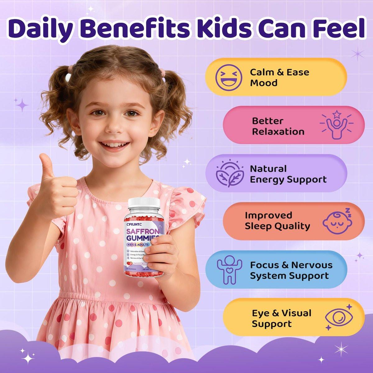Safran Gummis für Kinder & Erwachsene, 20-in-1 Safran Ergänzung mit 88,5 mg Safran Extrakt, B6, B12, C, D3, Magnesium für Ruhe, Fokus, Nerven, Zuckerfrei, Vegan, Nicht-GVO - Erdbeergeschmack, 60 Stück