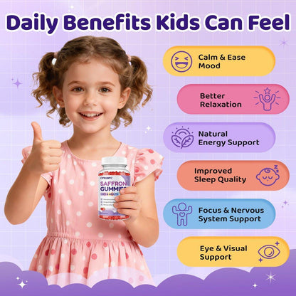 Safran Gummis für Kinder & Erwachsene, 20-in-1 Safran Ergänzung mit 88,5 mg Safran Extrakt, B6, B12, C, D3, Magnesium für Ruhe, Fokus, Nerven, Zuckerfrei, Vegan, Nicht-GVO - Erdbeergeschmack, 60 Stück