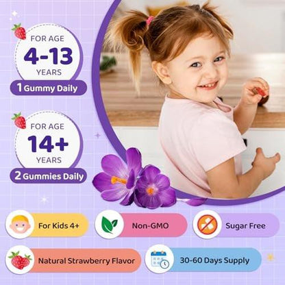 Safran Gummis für Kinder & Erwachsene, 20-in-1 Safran Ergänzung mit 88,5 mg Safran Extrakt, B6, B12, C, D3, Magnesium für Ruhe, Fokus, Nerven, Zuckerfrei, Vegan, Nicht-GVO - Erdbeergeschmack, 60 Stück