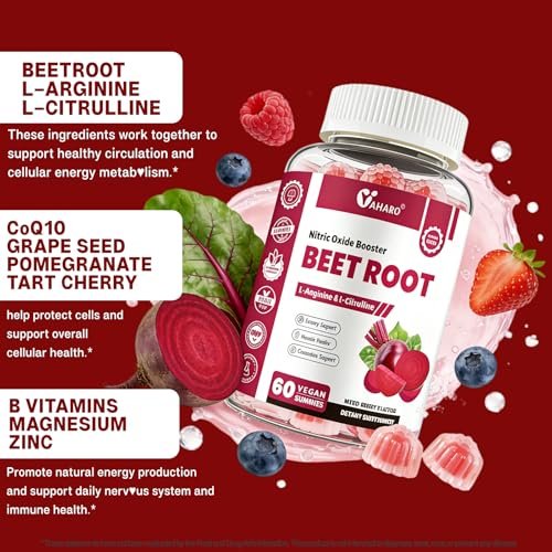 Rote Bete Gummibärchen - Stickstoffmonoxid-Booster für Männer & Frauen mit Rote Bete, L-Citrullin & L-Arginin - Herz-, Muskel- & Kreislaufunterstützung - Zuckerfrei, Vegan, gemischter Beerengeschmack, 60 Gummis