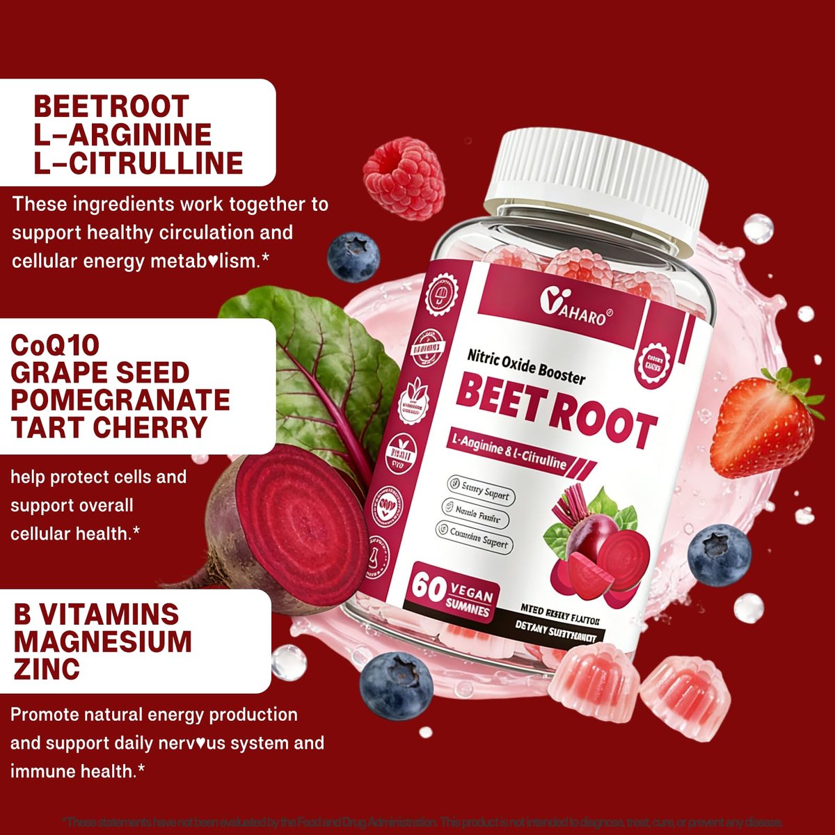 Rote Bete Gummibärchen - Stickstoffmonoxid-Booster für Männer & Frauen mit Rote Bete, L-Citrullin & L-Arginin - Herz-, Muskel- & Kreislaufunterstützung - Zuckerfrei, Vegan, gemischter Beerengeschmack, 60 Gummis