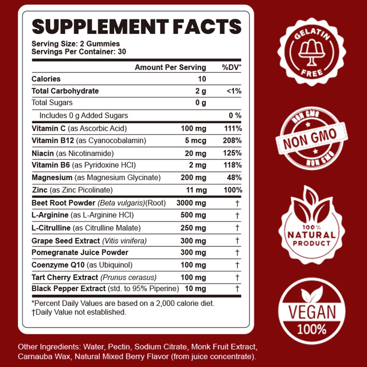 Rote Bete Gummibärchen - Stickstoffmonoxid-Booster für Männer & Frauen mit Rote Bete, L-Citrullin & L-Arginin - Herz-, Muskel- & Kreislaufunterstützung - Zuckerfrei, Vegan, gemischter Beerengeschmack, 60 Gummis