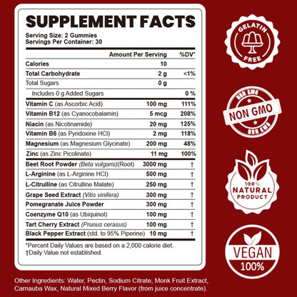Rote Bete Gummibärchen - Stickstoffmonoxid-Booster für Männer & Frauen mit Rote Bete, L-Citrullin & L-Arginin - Herz-, Muskel- & Kreislaufunterstützung - Zuckerfrei, Vegan, gemischter Beerengeschmack, 60 Gummis