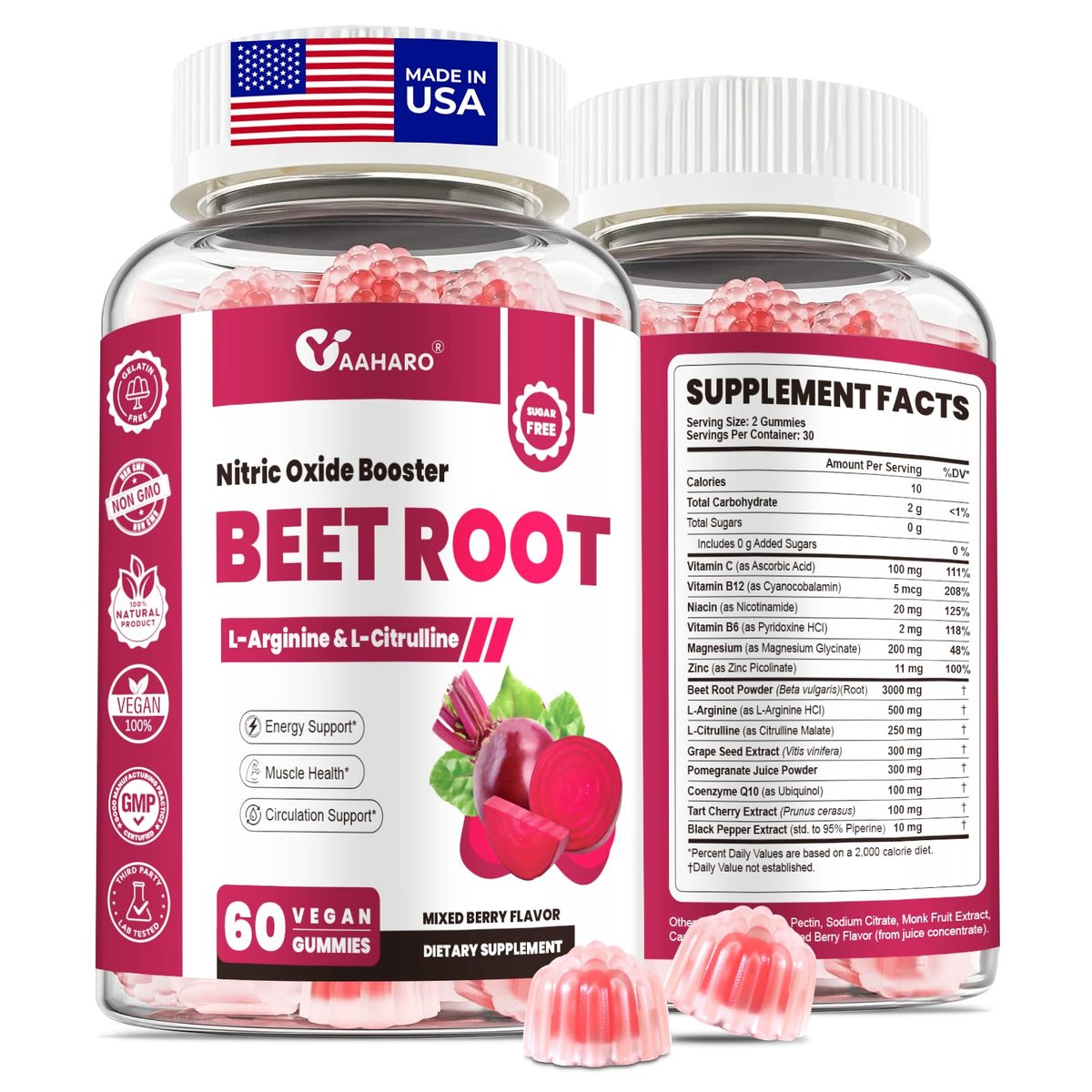Rote Bete Gummibärchen - Stickstoffmonoxid-Booster für Männer & Frauen mit Rote Bete, L-Citrullin & L-Arginin - Herz-, Muskel- & Kreislaufunterstützung - Zuckerfrei, Vegan, gemischter Beerengeschmack, 60 Gummis
