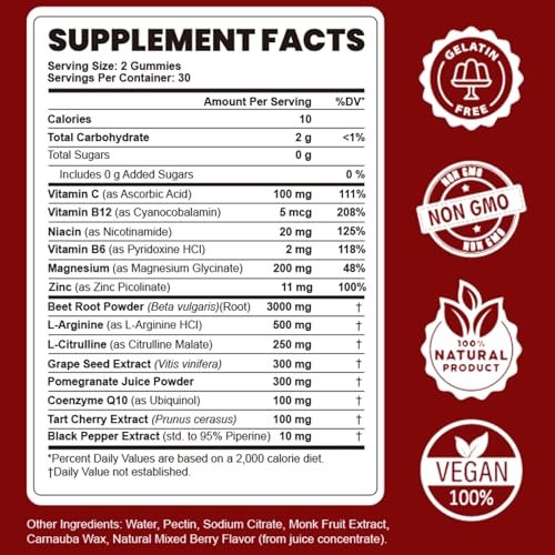 Rote Bete Gummibärchen - Stickstoffmonoxid-Booster für Männer & Frauen mit Rote Bete, L-Citrullin & L-Arginin - Herz-, Muskel- & Kreislaufunterstützung - Zuckerfrei, Vegan, gemischter Beerengeschmack, 60 Gummis