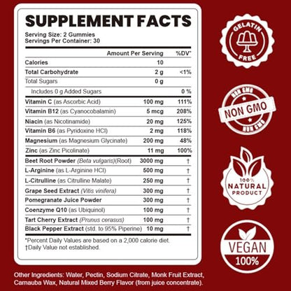 Rote Bete Gummibärchen - Stickstoffmonoxid-Booster für Männer & Frauen mit Rote Bete, L-Citrullin & L-Arginin - Herz-, Muskel- & Kreislaufunterstützung - Zuckerfrei, Vegan, gemischter Beerengeschmack, 60 Gummis