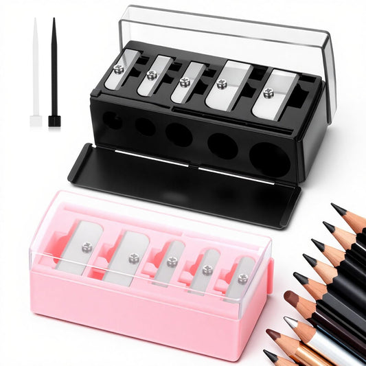2er-Pack 5-Loch Kosmetik-Langspitzenspitzer für Eyeliner, Augenbrauen- und Lippenstifte – Schwarz, Pink