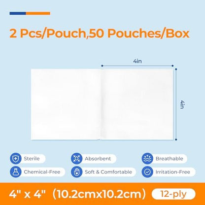 100 Stück sterile Mullkompressen 10x10 cm 12-lagig, 100% Baumwolle, hoch saugfähige Wundauflagen für Erste Hilfe und Chirurgie, einzeln verpackt