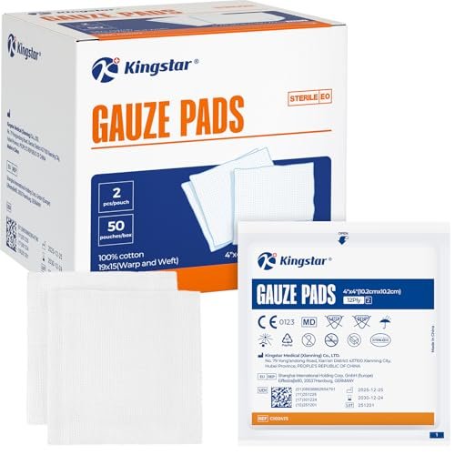 100 Stück sterile Mullkompressen 10x10 cm 12-lagig, 100% Baumwolle, hoch saugfähige Wundauflagen für Erste Hilfe und Chirurgie, einzeln verpackt