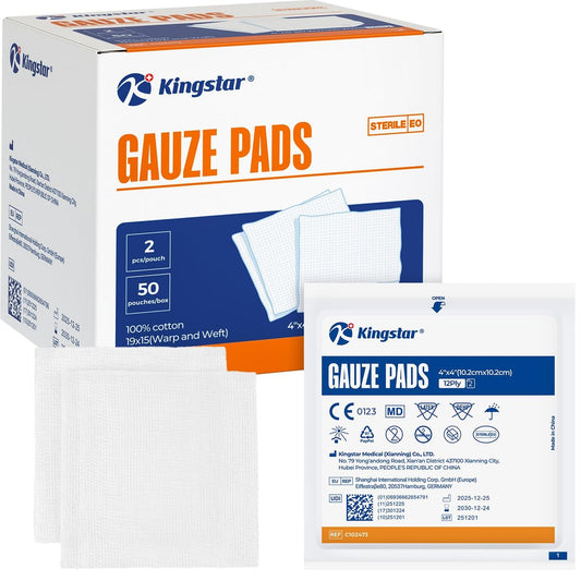 100 Stück sterile Mullkompressen 10x10 cm 12-lagig, 100% Baumwolle, hoch saugfähige Wundauflagen für Erste Hilfe und Chirurgie, einzeln verpackt