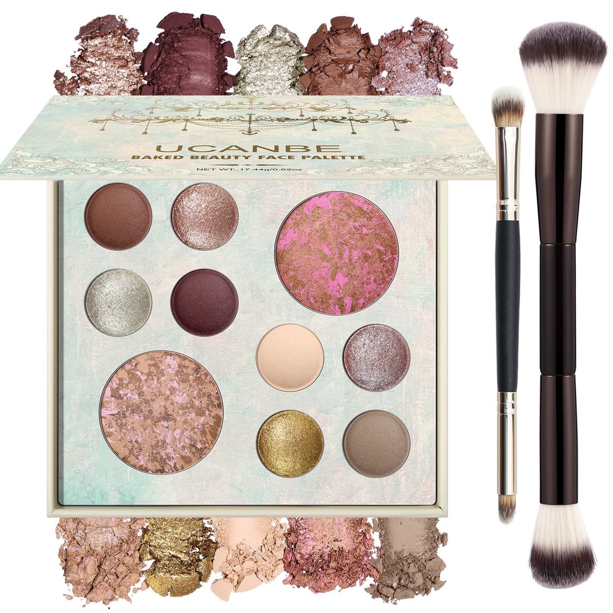 UCANBE Backform-Makeup-Paletten-Set in voller Größe: Rouge, Bronzer, 8 Lidschatten & Pinsel – Pigmentierte All-in-One-Gesichts- und Augen-Kompaktpulver-Palette für Anfänger und Profis, Reisefreundlich