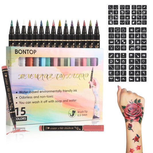 BONTOP Temporäre Tattoo-Stifte für die Haut – 15 Hautmarker + 82 Tattoo-Schablonen, hautsicher und kosmetische Qualität, Geburtstagsgeschenk-Ideen