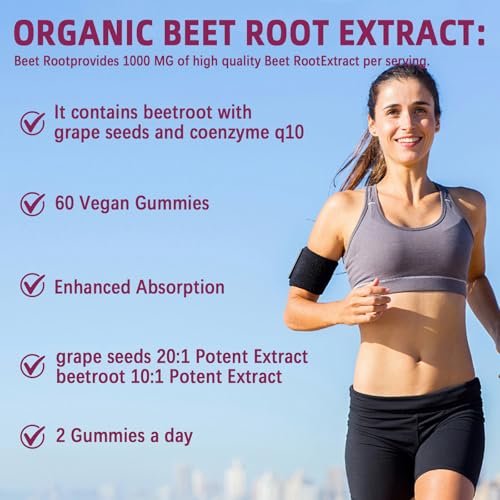 Yalei Rote-Bete-Gummis für Blutdruck | Zuckerfrei | Rote-Bete-Präparat mit 1000 mg Rote Bete, 1000 mg Traubenkernextrakt & 200 mg CoQ10 | Vegan, Nicht-GMO | Erdbeergeschmack