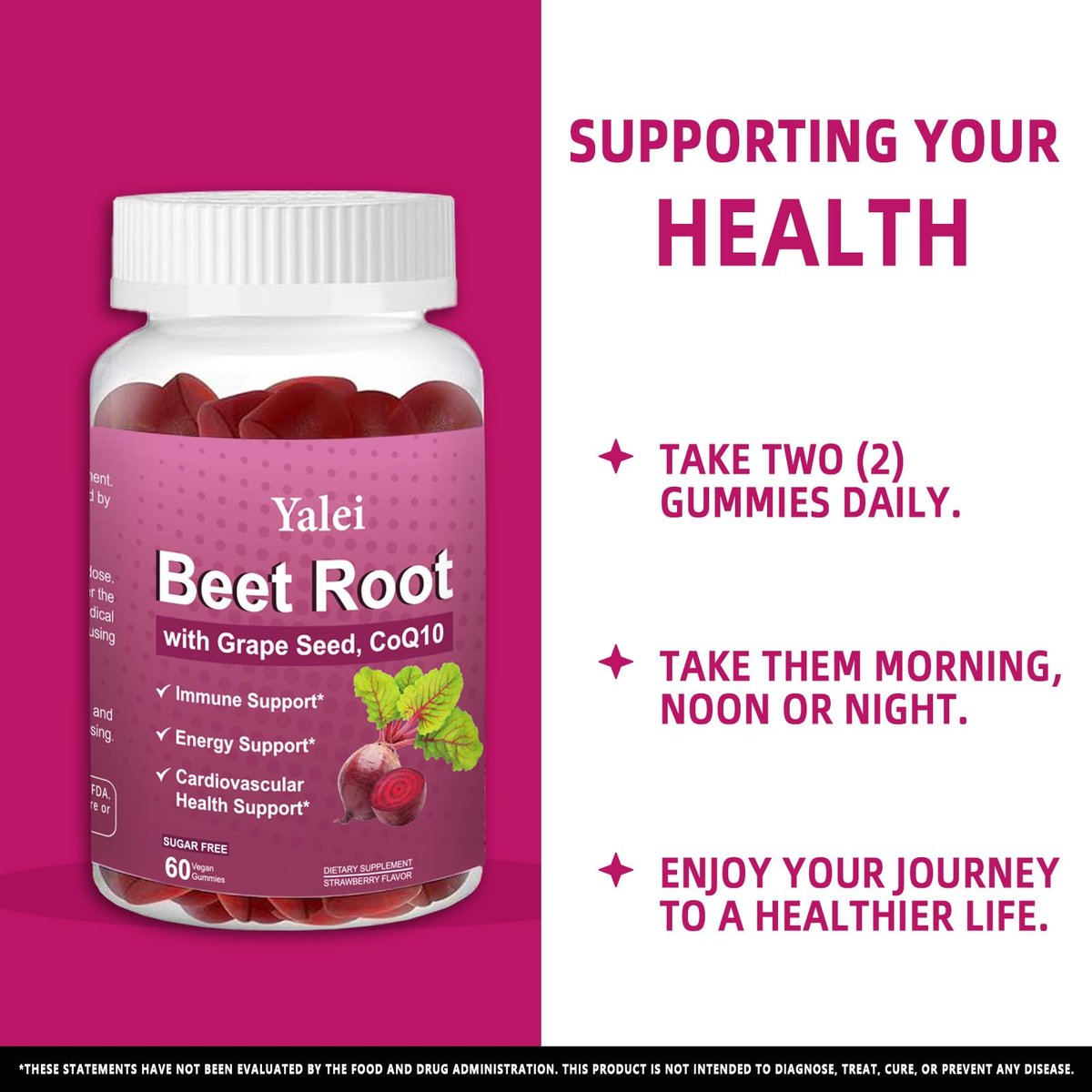 Yalei Rote-Bete-Gummis für Blutdruck | Zuckerfrei | Rote-Bete-Präparat mit 1000 mg Rote Bete, 1000 mg Traubenkernextrakt & 200 mg CoQ10 | Vegan, Nicht-GMO | Erdbeergeschmack