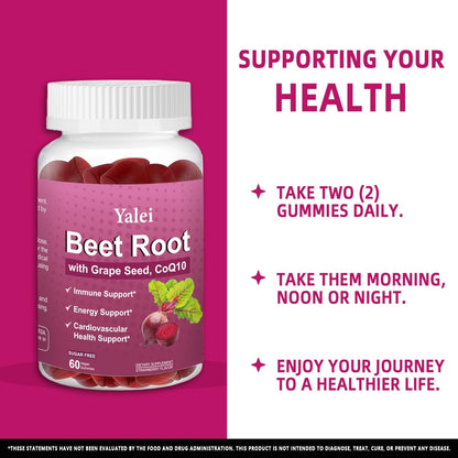 Yalei Rote-Bete-Gummis für Blutdruck | Zuckerfrei | Rote-Bete-Präparat mit 1000 mg Rote Bete, 1000 mg Traubenkernextrakt & 200 mg CoQ10 | Vegan, Nicht-GMO | Erdbeergeschmack