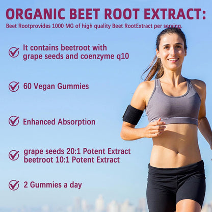 Yalei Rote-Bete-Gummis für Blutdruck | Zuckerfrei | Rote-Bete-Präparat mit 1000 mg Rote Bete, 1000 mg Traubenkernextrakt & 200 mg CoQ10 | Vegan, Nicht-GMO | Erdbeergeschmack