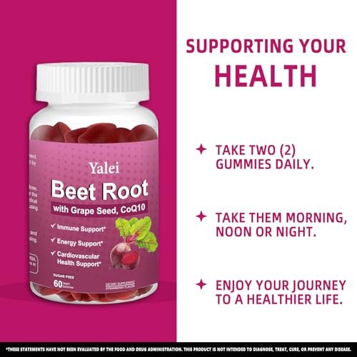 Yalei Rote-Bete-Gummis für Blutdruck | Zuckerfrei | Rote-Bete-Präparat mit 1000 mg Rote Bete, 1000 mg Traubenkernextrakt & 200 mg CoQ10 | Vegan, Nicht-GMO | Erdbeergeschmack