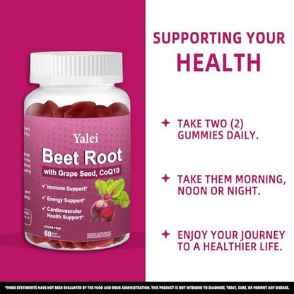 Yalei Rote-Bete-Gummis für Blutdruck | Zuckerfrei | Rote-Bete-Präparat mit 1000 mg Rote Bete, 1000 mg Traubenkernextrakt & 200 mg CoQ10 | Vegan, Nicht-GMO | Erdbeergeschmack