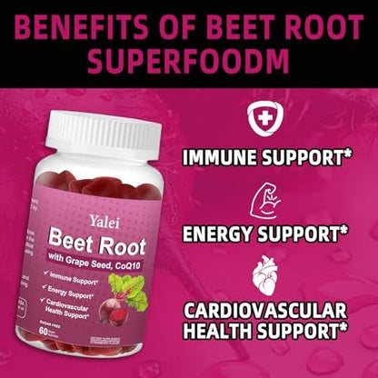 Yalei Rote-Bete-Gummis für Blutdruck | Zuckerfrei | Rote-Bete-Präparat mit 1000 mg Rote Bete, 1000 mg Traubenkernextrakt & 200 mg CoQ10 | Vegan, Nicht-GMO | Erdbeergeschmack
