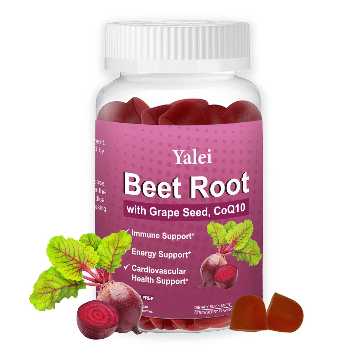 Yalei Rote-Bete-Gummis für Blutdruck | Zuckerfrei | Rote-Bete-Präparat mit 1000 mg Rote Bete, 1000 mg Traubenkernextrakt & 200 mg CoQ10 | Vegan, Nicht-GMO | Erdbeergeschmack