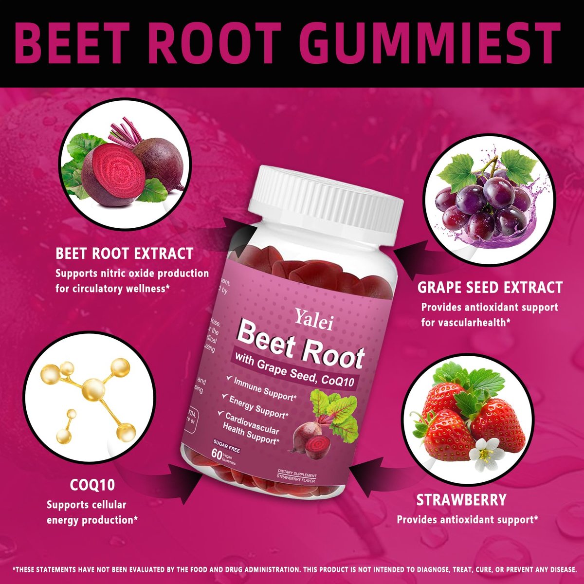Yalei Rote-Bete-Gummis für Blutdruck | Zuckerfrei | Rote-Bete-Präparat mit 1000 mg Rote Bete, 1000 mg Traubenkernextrakt & 200 mg CoQ10 | Vegan, Nicht-GMO | Erdbeergeschmack