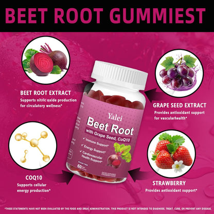Yalei Rote-Bete-Gummis für Blutdruck | Zuckerfrei | Rote-Bete-Präparat mit 1000 mg Rote Bete, 1000 mg Traubenkernextrakt & 200 mg CoQ10 | Vegan, Nicht-GMO | Erdbeergeschmack