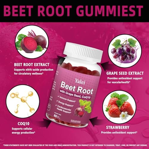 Yalei Rote-Bete-Gummis für Blutdruck | Zuckerfrei | Rote-Bete-Präparat mit 1000 mg Rote Bete, 1000 mg Traubenkernextrakt & 200 mg CoQ10 | Vegan, Nicht-GMO | Erdbeergeschmack