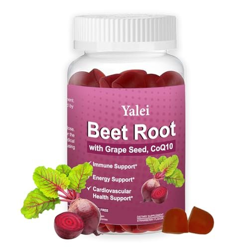 Yalei Rote-Bete-Gummis für Blutdruck | Zuckerfrei | Rote-Bete-Präparat mit 1000 mg Rote Bete, 1000 mg Traubenkernextrakt & 200 mg CoQ10 | Vegan, Nicht-GMO | Erdbeergeschmack