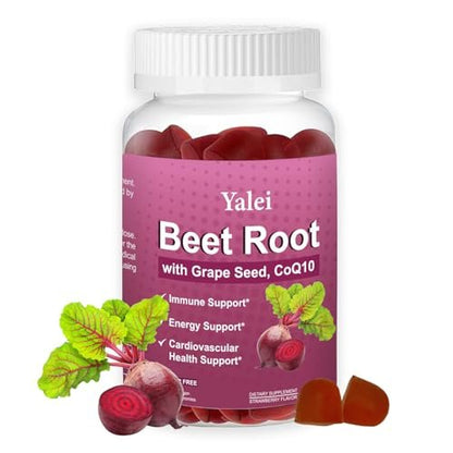 Yalei Rote-Bete-Gummis für Blutdruck | Zuckerfrei | Rote-Bete-Präparat mit 1000 mg Rote Bete, 1000 mg Traubenkernextrakt & 200 mg CoQ10 | Vegan, Nicht-GMO | Erdbeergeschmack