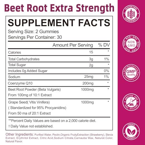 Yalei Rote-Bete-Gummis für Blutdruck | Zuckerfrei | Rote-Bete-Präparat mit 1000 mg Rote Bete, 1000 mg Traubenkernextrakt & 200 mg CoQ10 | Vegan, Nicht-GMO | Erdbeergeschmack