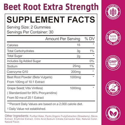 Yalei Rote-Bete-Gummis für Blutdruck | Zuckerfrei | Rote-Bete-Präparat mit 1000 mg Rote Bete, 1000 mg Traubenkernextrakt & 200 mg CoQ10 | Vegan, Nicht-GMO | Erdbeergeschmack