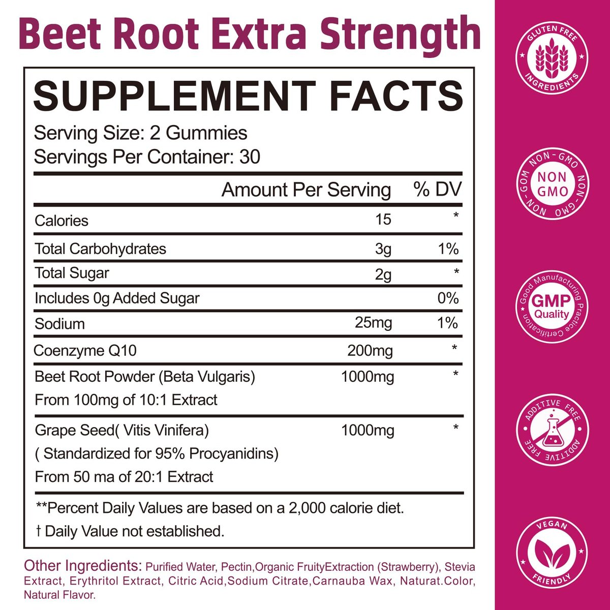 Yalei Rote-Bete-Gummis für Blutdruck | Zuckerfrei | Rote-Bete-Präparat mit 1000 mg Rote Bete, 1000 mg Traubenkernextrakt & 200 mg CoQ10 | Vegan, Nicht-GMO | Erdbeergeschmack