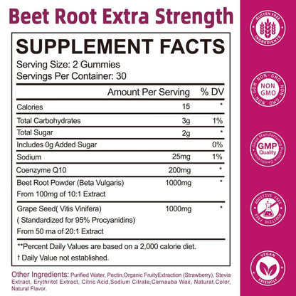 Yalei Rote-Bete-Gummis für Blutdruck | Zuckerfrei | Rote-Bete-Präparat mit 1000 mg Rote Bete, 1000 mg Traubenkernextrakt & 200 mg CoQ10 | Vegan, Nicht-GMO | Erdbeergeschmack