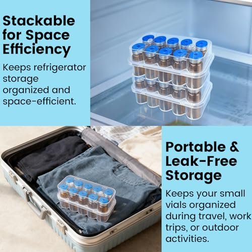 KBVASOTZ 2er-Pack 10-mL-Fläschchen-Organizer für Kühlschrank - 2x10 Fächer stapelbare Kunststoff-Aufbewahrungsbox, kühlschrank- und gefrierschrankgeeignet für Insulin, Peptide, Semaglutid & Diabetesbedarf