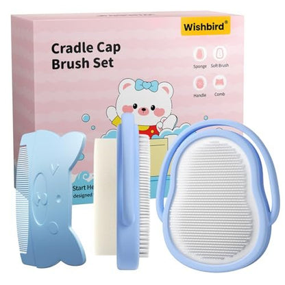 Wishbird 3-in-1 Baby Cradle Cap Pflegeset – Sanfte Bürste, gebogener Kamm & Badeschwamm | BPA-freie Behandlung für Neugeborene & Säuglinge zur Kopfhautmassage & Entfernung von trockenen Schuppen, Hellblau