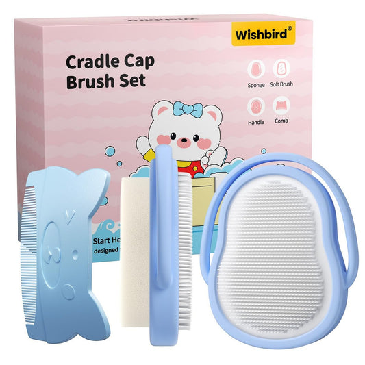 Wishbird 3-in-1 Baby Cradle Cap Pflegeset – Sanfte Bürste, gebogener Kamm & Badeschwamm | BPA-freie Behandlung für Neugeborene & Säuglinge zur Kopfhautmassage & Entfernung von trockenen Schuppen, Hellblau