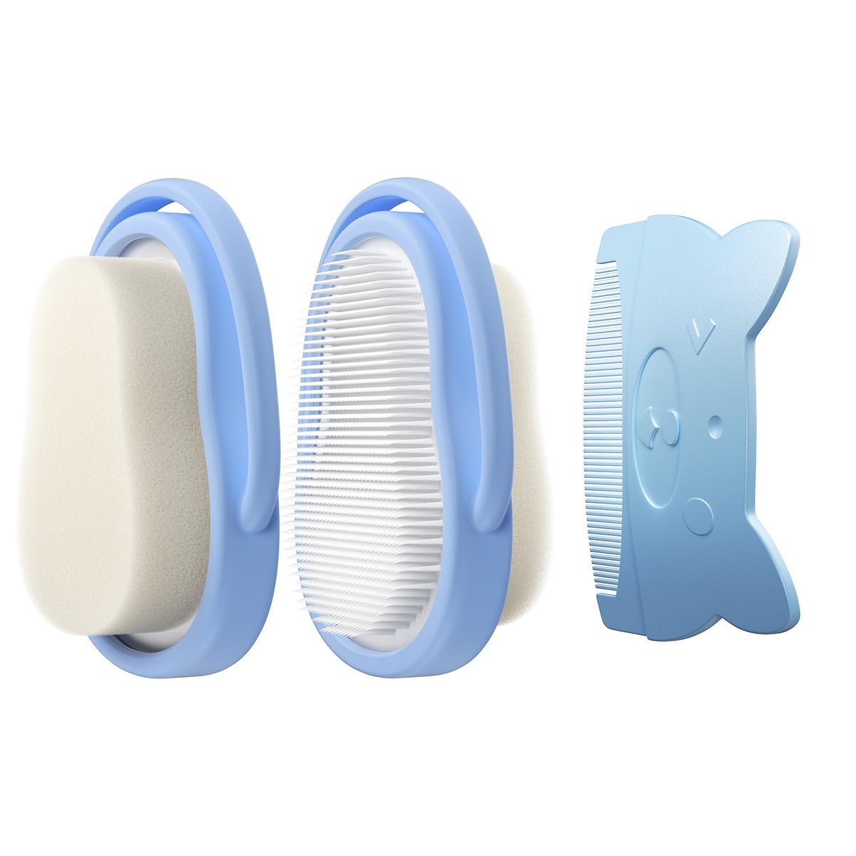 Wishbird 3-in-1 Baby Cradle Cap Pflegeset – Sanfte Bürste, gebogener Kamm & Badeschwamm | BPA-freie Behandlung für Neugeborene & Säuglinge zur Kopfhautmassage & Entfernung von trockenen Schuppen, Hellblau